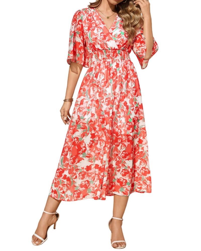 Olivia Women's Bohemian Maxi Dress – Floral V-Neck High Waist Summer Dress