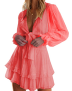 Victoria Women's V-Neck Mini Dress – Long Sleeve Ruffle Hem Dress with Bow Detail