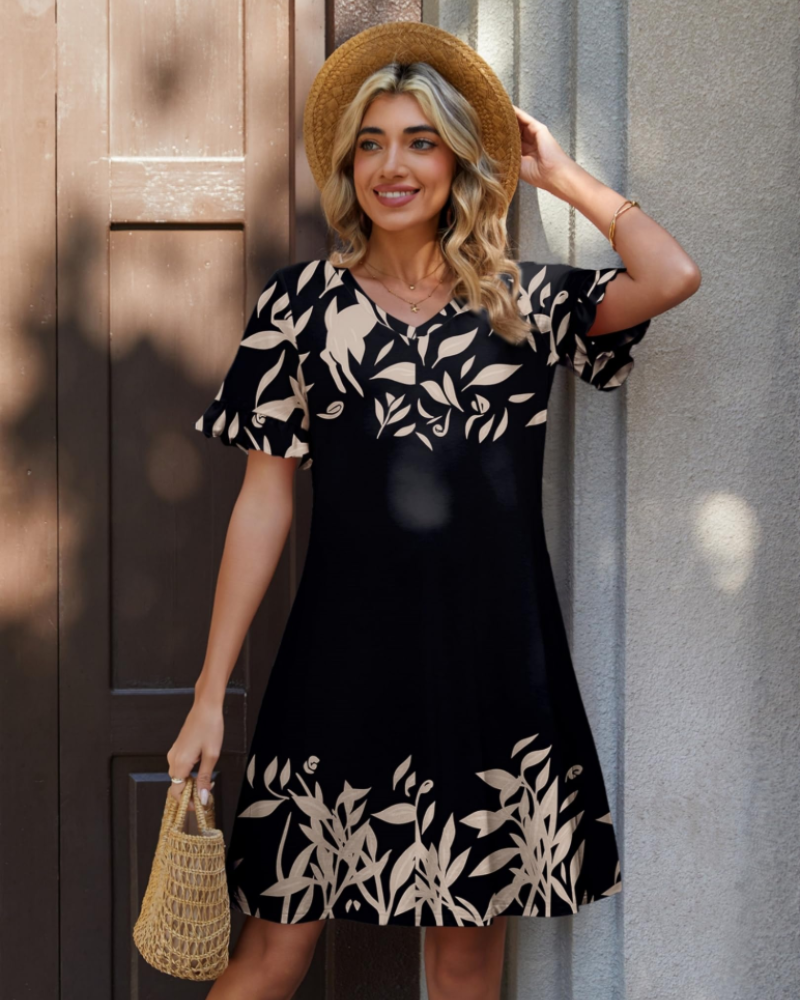 Hannah Women's Boho Mini Dress – V-Neck A-Line Summer Dress with Pockets