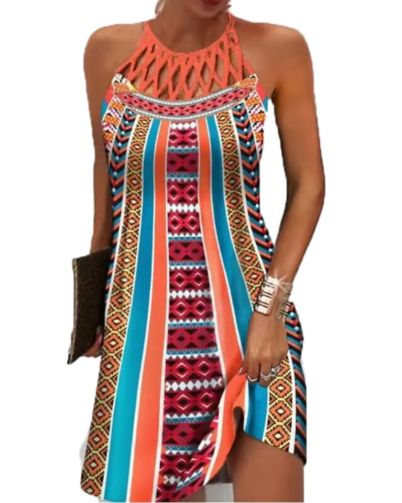 Layla Women's Boho Halter Dress – Ethnic Print Midi Beach Dress