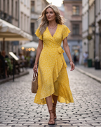 Celeste Women's Floral Midi Dress – V-Neck Flutter Sleeve Empire Waist Summer Dress