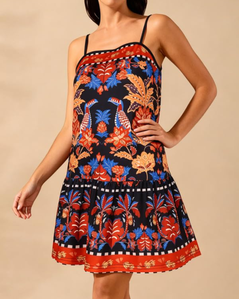Maeve Women's A-Line Mini Dress – Straight Neck Spaghetti Strap Ruched Summer Dress
