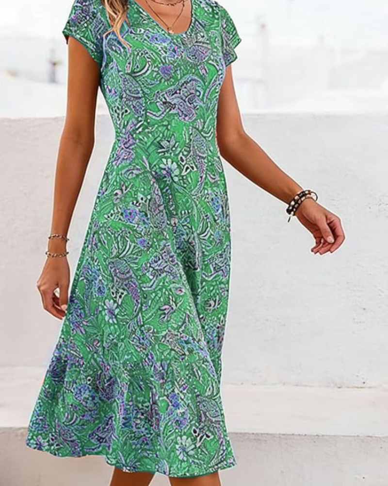 Geneva Women's Floral Midi Dress – V-Neck Short Sleeve A-Line Summer Dress