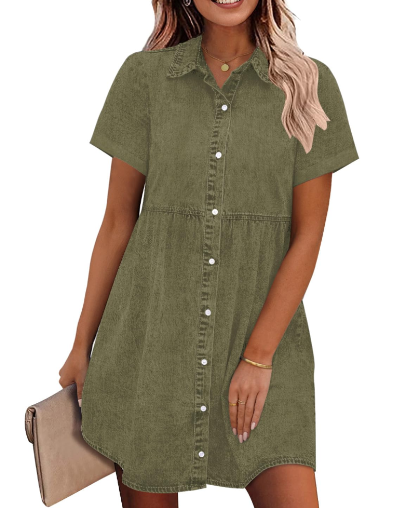 Emma Women's Denim Shirt Dress – Babydoll Button Down Tiered Jean Dress