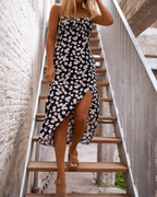Noelle Women's Floral Sundress – Strapless Ruched Bust Split Summer Midi Dress
