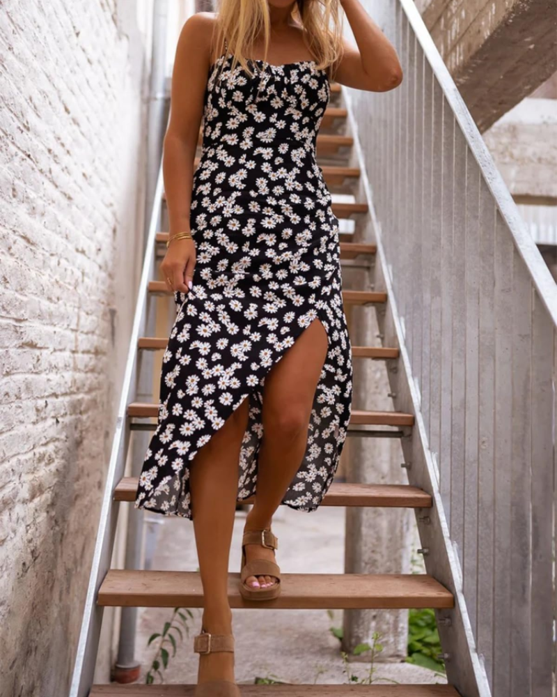 Noelle Women's Floral Sundress – Strapless Ruched Bust Split Summer Midi Dress