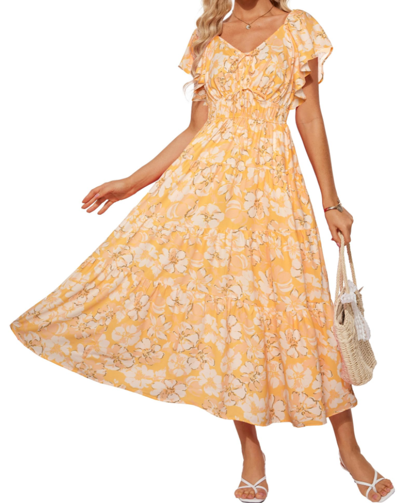 Isabella Women's Floral Maxi Dress – V-Neck Ruffle Sleeve Summer Dress