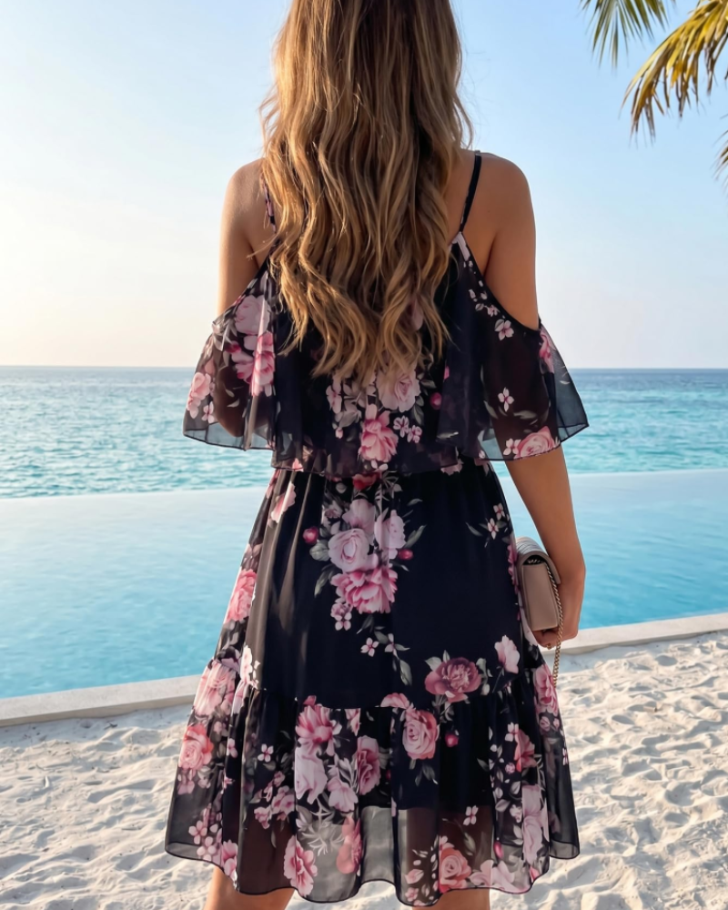 Evelyn Women's Floral Mini Dress – Off Shoulder Summer Dress with Ruffle Hem