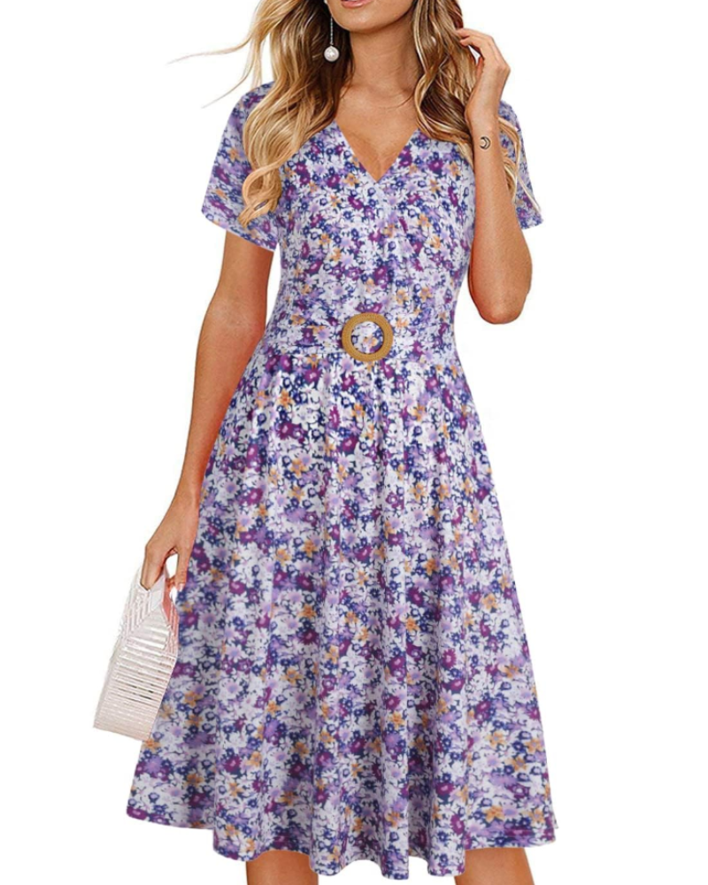 Natalie Women's Midi Dress – Deep V-Neck Short Sleeve Dress with Pockets
