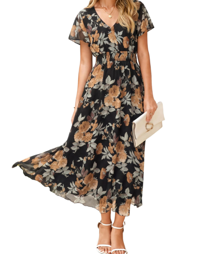Isabella Women's Floral Maxi Dress – Boho V-Neck Wedding Guest Midi Dress