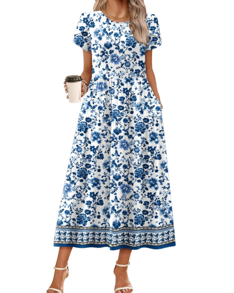 Olivia Women's Boho Maxi Dress – Floral A-Line Summer Dress with Pockets