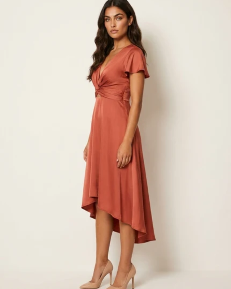 Henrietta Women's V-Neck Midi Dress – Flutter Sleeve Asymmetric Occasion Dress