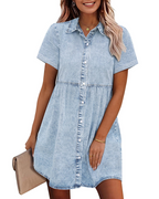 Emma Women's Denim Shirt Dress – Babydoll Button Down Tiered Jean Dress