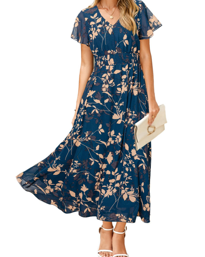Isabella Women's Floral Maxi Dress – Boho V-Neck Wedding Guest Midi Dress