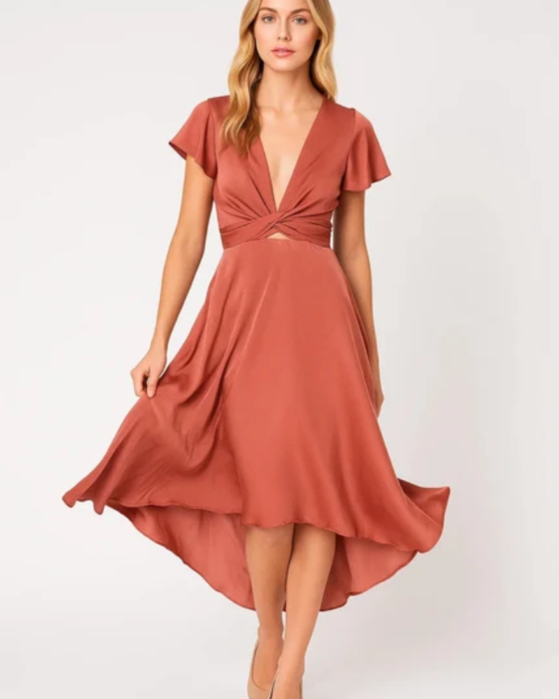 Henrietta Women's V-Neck Midi Dress – Flutter Sleeve Asymmetric Occasion Dress