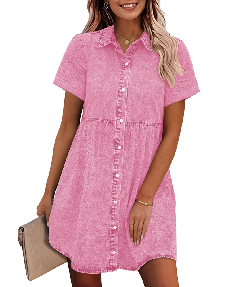 Emma Women's Denim Shirt Dress – Babydoll Button Down Tiered Jean Dress