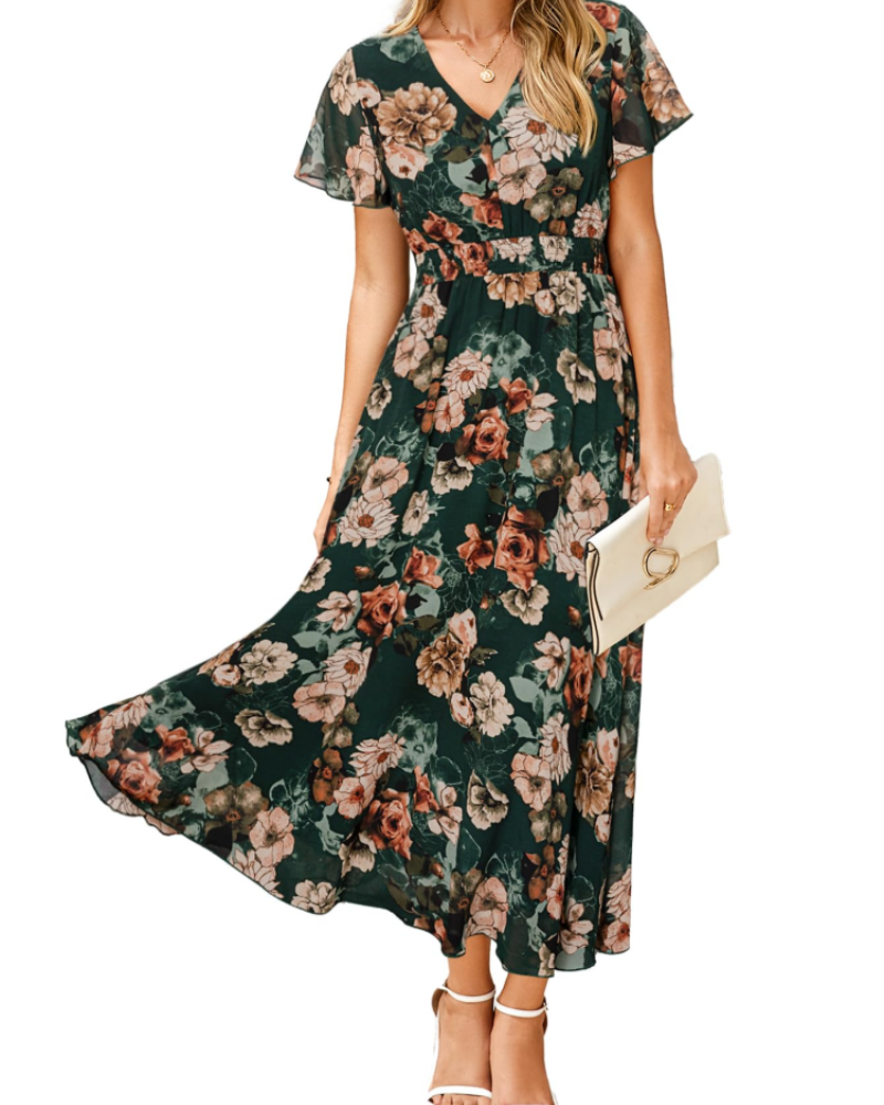 Isabella Women's Floral Maxi Dress – Boho V-Neck Wedding Guest Midi Dress