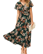 Isabella Women's Floral Maxi Dress – Boho V-Neck Wedding Guest Midi Dress