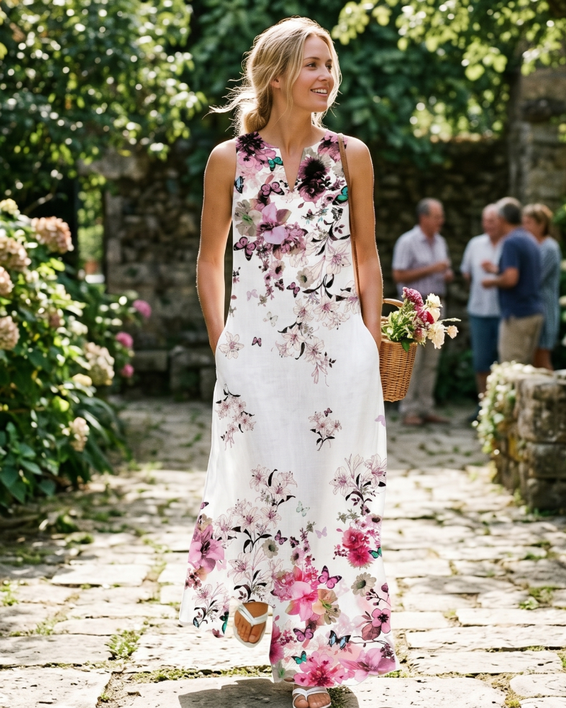 Ruby Women's Butterfly Floral Maxi Dress – Bohemian Sleeveless Summer Dress with Pockets