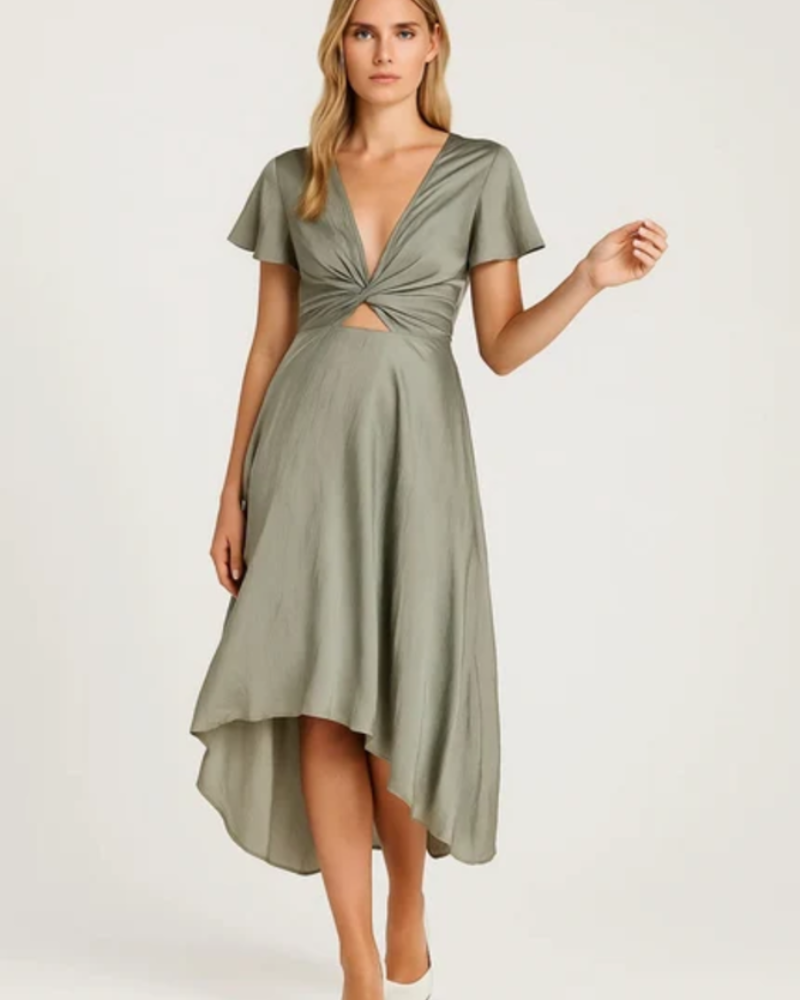 Henrietta Women's V-Neck Midi Dress – Flutter Sleeve Asymmetric Occasion Dress