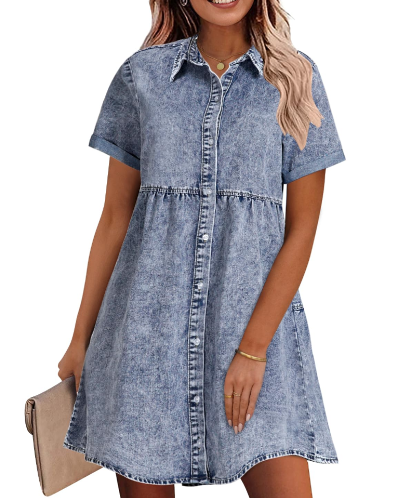 Emma Women's Denim Shirt Dress – Babydoll Button Down Tiered Jean Dress