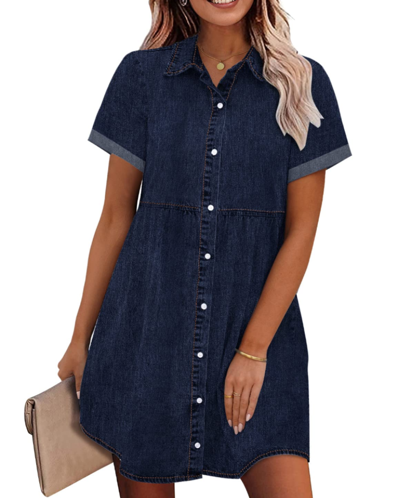 Emma Women's Denim Shirt Dress – Babydoll Button Down Tiered Jean Dress