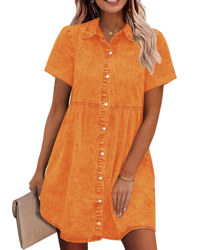 Emma Women's Denim Shirt Dress – Babydoll Button Down Tiered Jean Dress