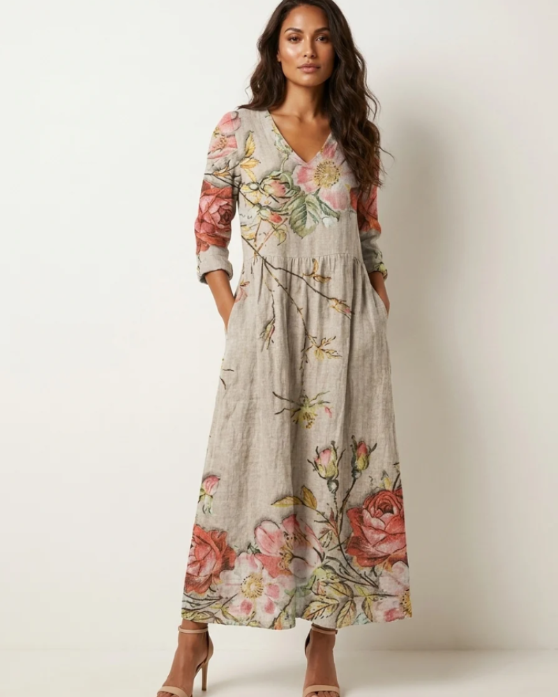 Rosalind Women's Floral Maxi Dress – V-Neck Flowy Summer Dress with Pockets