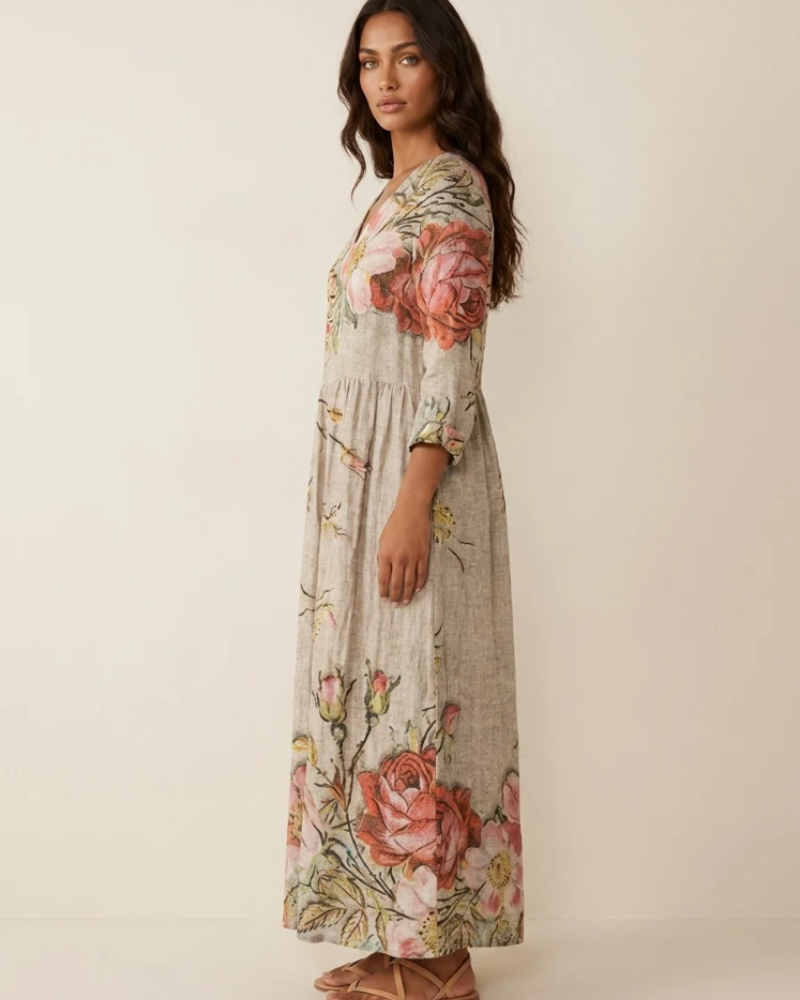 Rosalind Women's Floral Maxi Dress – V-Neck Flowy Summer Dress with Pockets