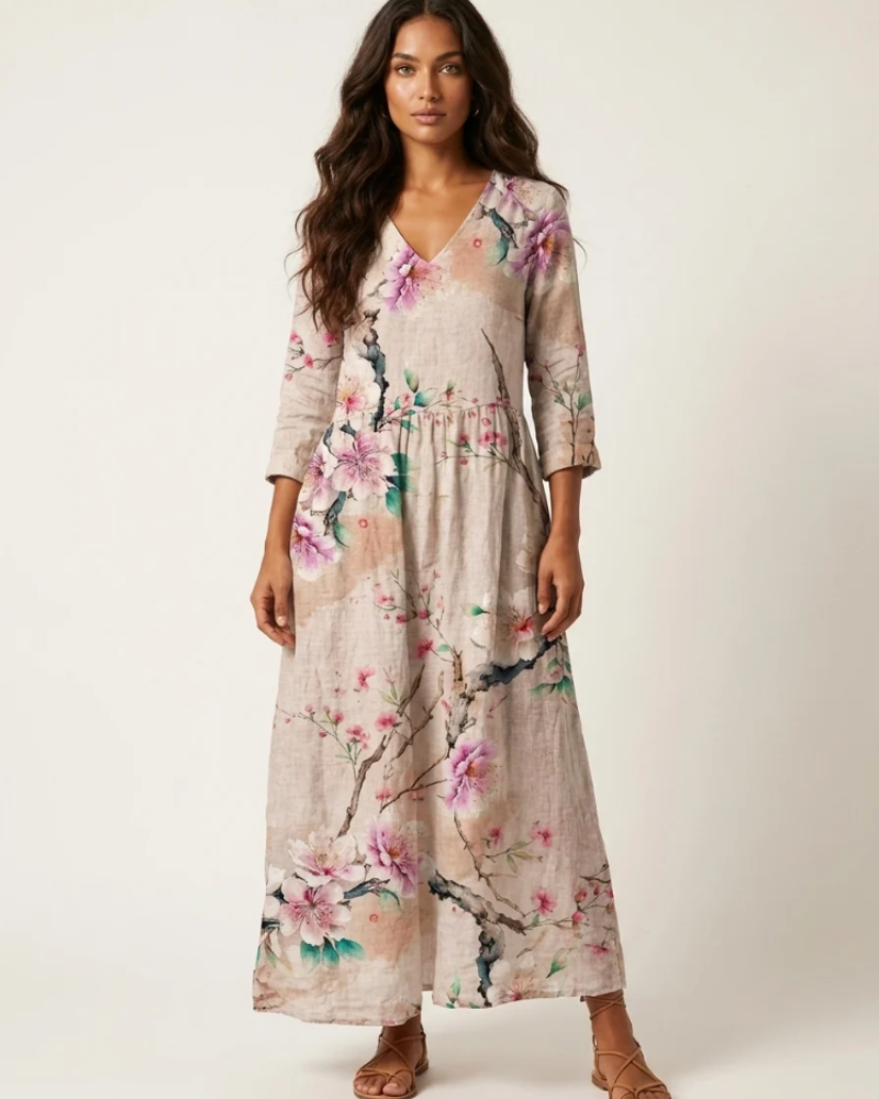 Rosalind Women's Floral Maxi Dress – V-Neck Flowy Summer Dress with Pockets