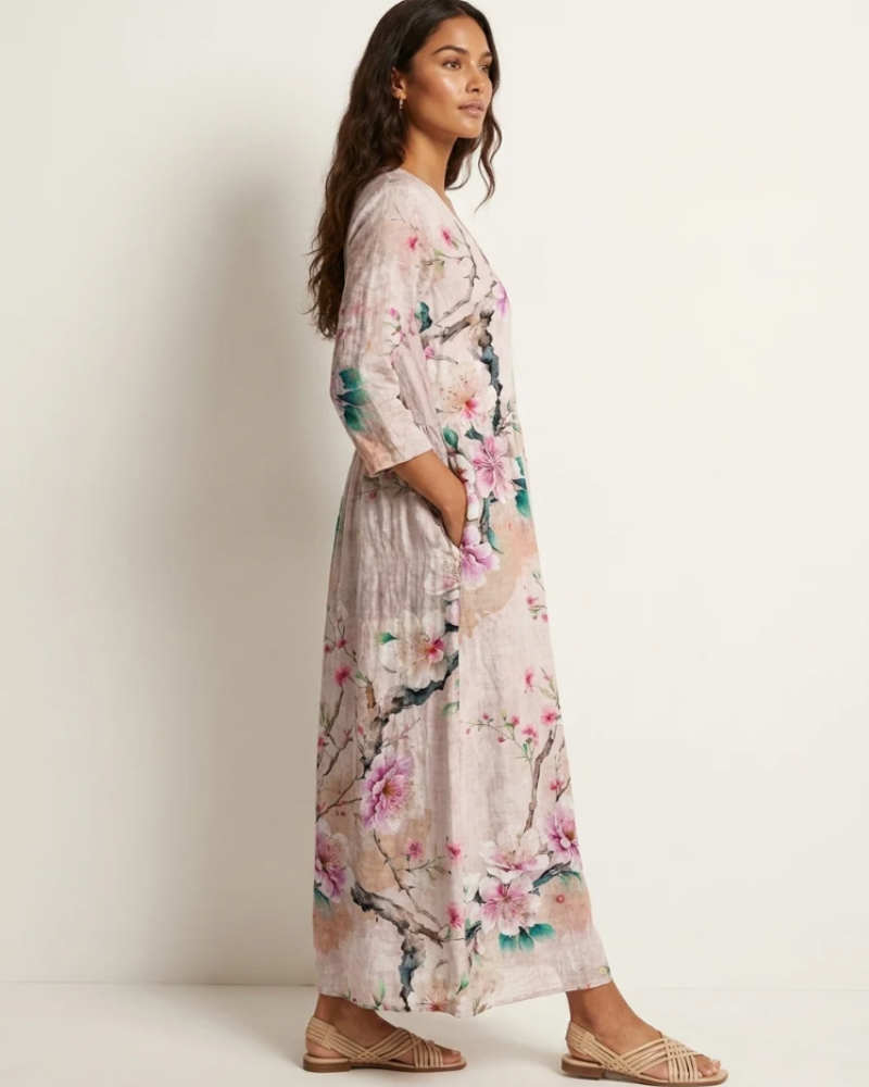 Rosalind Women's Floral Maxi Dress – V-Neck Flowy Summer Dress with Pockets