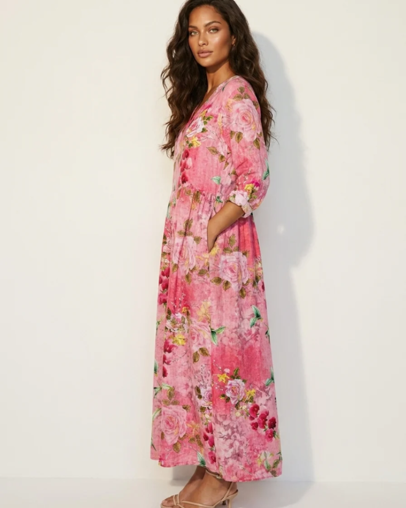 Rosalind Women's Floral Maxi Dress – V-Neck Flowy Summer Dress with Pockets