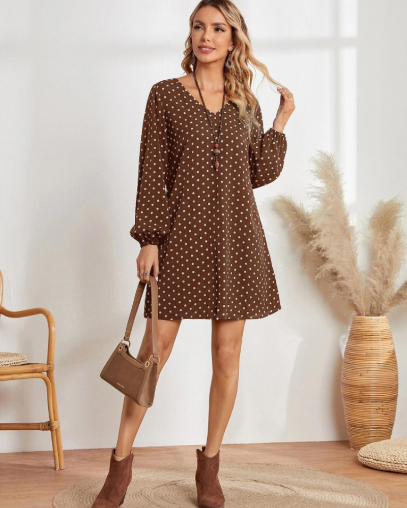 Helena Women's Polka Dot Mini Dress – Long Sleeve V-Neck Casual Spring Dress