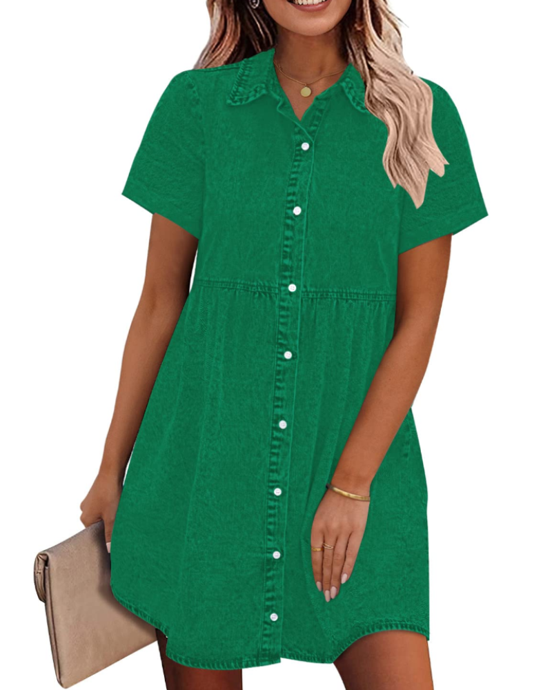 Emma Women's Denim Shirt Dress – Babydoll Button Down Tiered Jean Dress