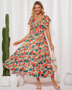 Isabella Women's Floral Maxi Dress – V-Neck Ruffle Sleeve Summer Dress