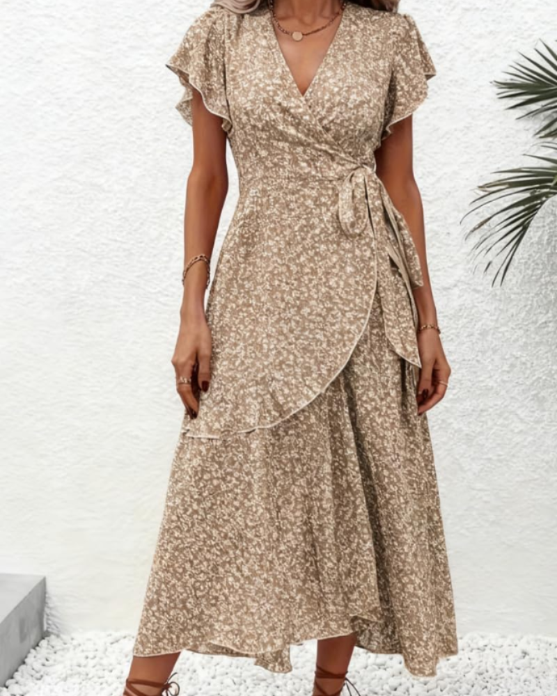 Celeste Women's Floral Midi Dress – V-Neck Flutter Sleeve Empire Waist Summer Dress