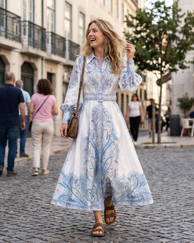 Fenella Women's Floral Shirt Dress – Belted Button-Up Elegant Midi Dress
