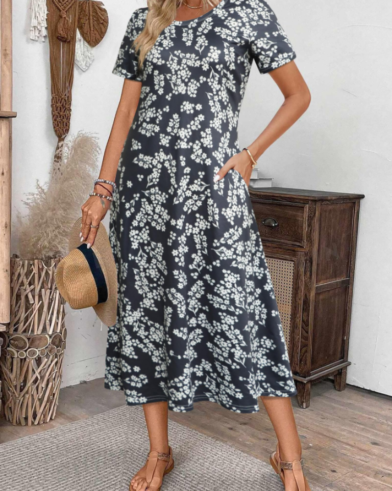 Briony Women's Floral Midi Dress – Short Sleeve Round Neck Casual Summer Dress