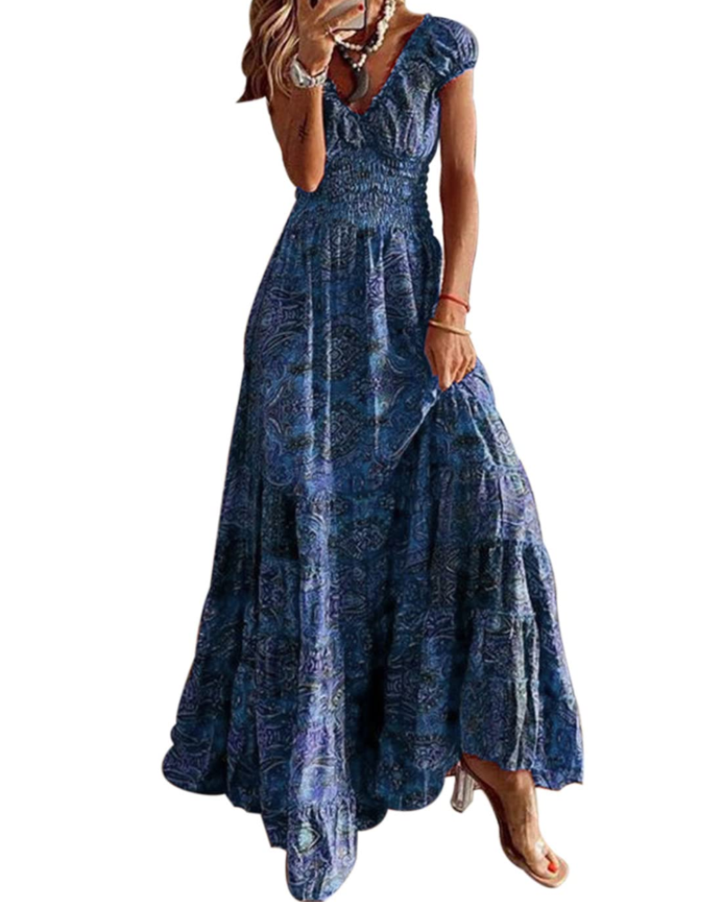 Olivia Women's Maxi Dress – Bohemian Floral V-Neck Summer Beach Dress