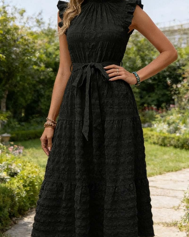 Corinne Women's Eyelet Dress – Stand Collar Belted A-Line Summer Dress