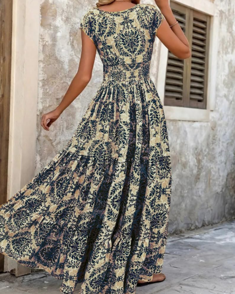Valerie Women's Retro Print Maxi Dress – Elegant V-Neck Short Sleeve Long Dress