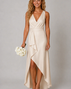 Imogen Women's V-Neck Midi Dress – Asymmetric Hem Elegant Occasion Dress
