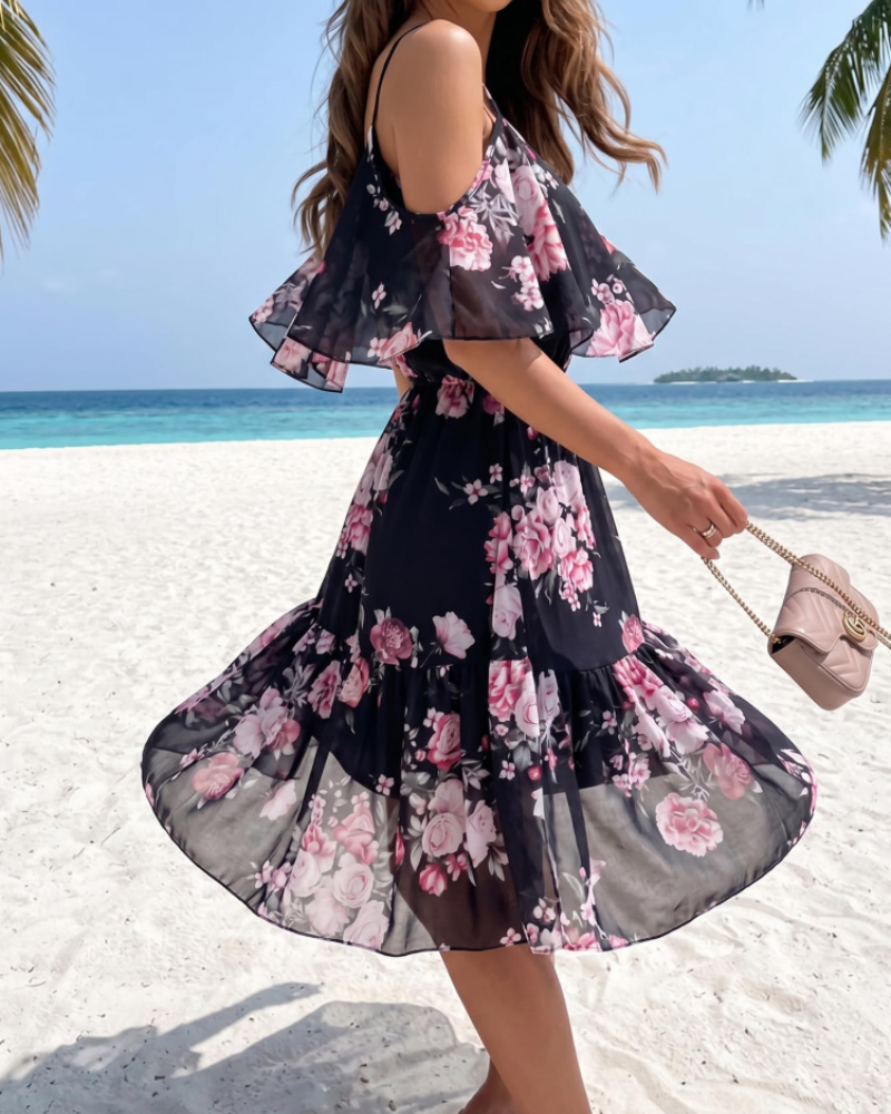 Evelyn Women's Floral Mini Dress – Off Shoulder Summer Dress with Ruffle Hem