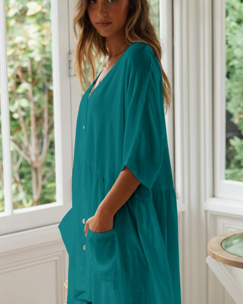 Isla Women's Beach Cover Up Dress – Oversized V-Neck Rayon Kimono with Pockets