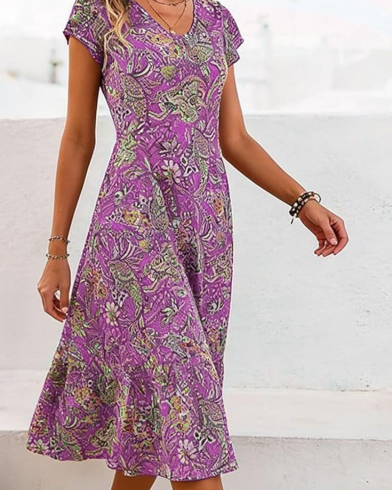 Geneva Women's Floral Midi Dress – V-Neck Short Sleeve A-Line Summer Dress