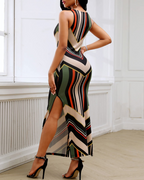 Tahlia Women's Striped Dress – Sleeveless Round Neck Side Slit Summer Beach Dress