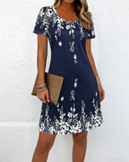 Imogen Women's Printed Midi Dress – Short Sleeve Round Neck Casual Summer Dress