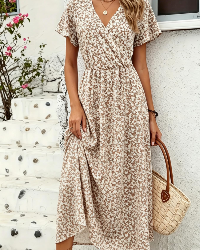 Rowena Women's V-Neck Dress – Short Sleeve Elegant Summer Party & Office Dress