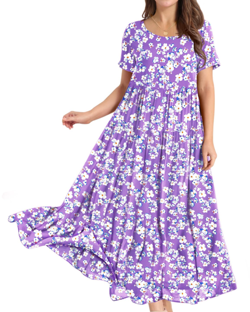 Faun Women's Floral Dress – Plus Size Boho Short Sleeve Summer Dress with Pockets