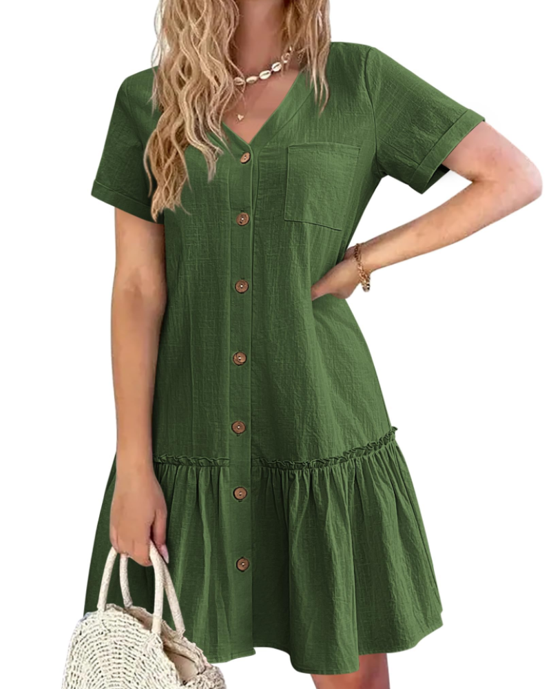 Emma Women's Cotton Linen Dress – V-Neck Button Knee-Length Summer Dress